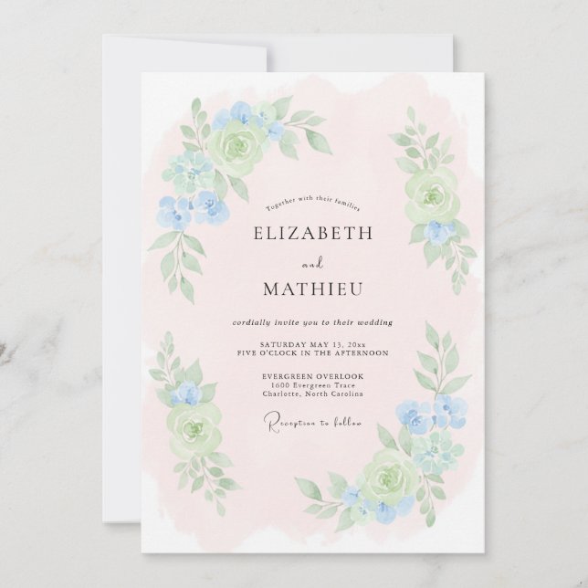 Invitation Mariage de printemps floral bleu poudre (Devant)