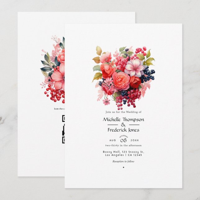 Invitation Mariage de printemps floral corail et baie (Devant / Derrière)