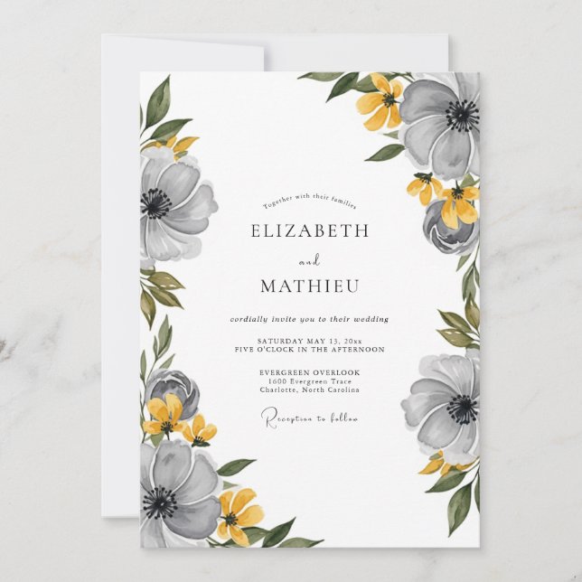 Invitation Mariage de printemps floral gris jaune (Devant)