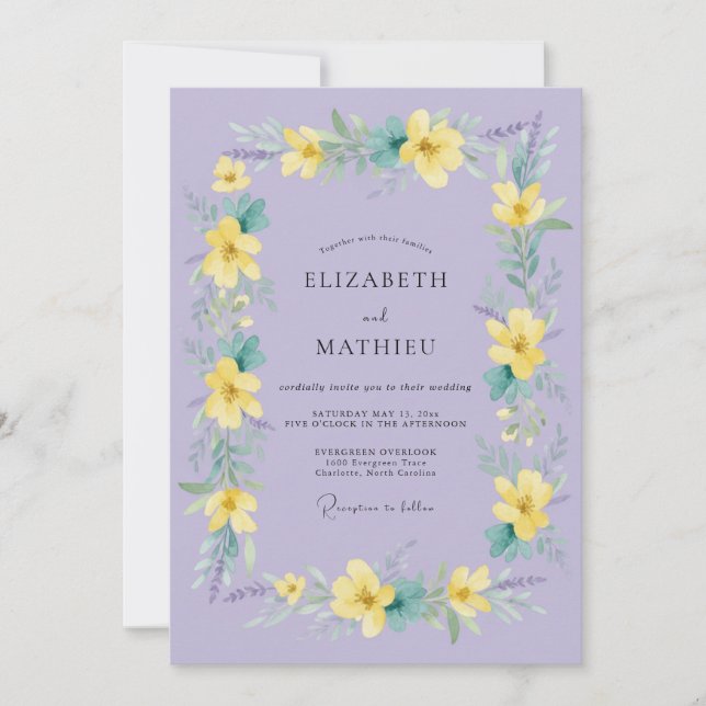 Invitation Mariage de printemps floral jaune lavande (Devant)