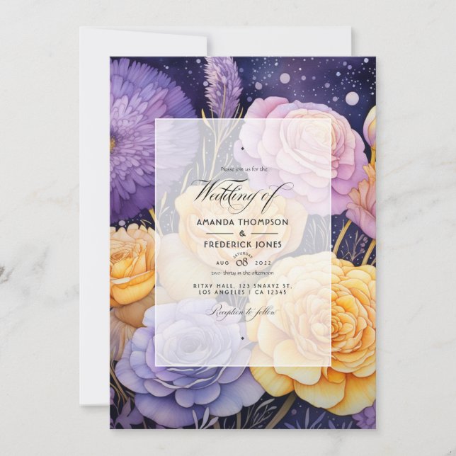 Invitation Mariage de printemps floral lavande et jaune doré (Devant)