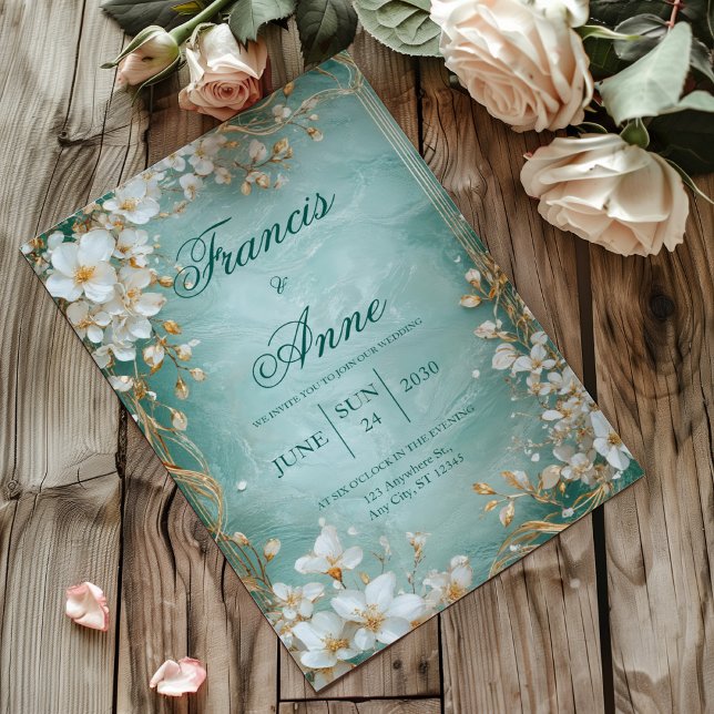 Invitation Mariage de printemps floral marbré sarcelle doré b (Créateur téléchargé)