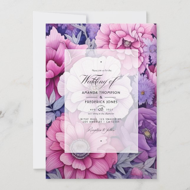 Invitation Mariage de printemps floral pourpre rose (Devant)