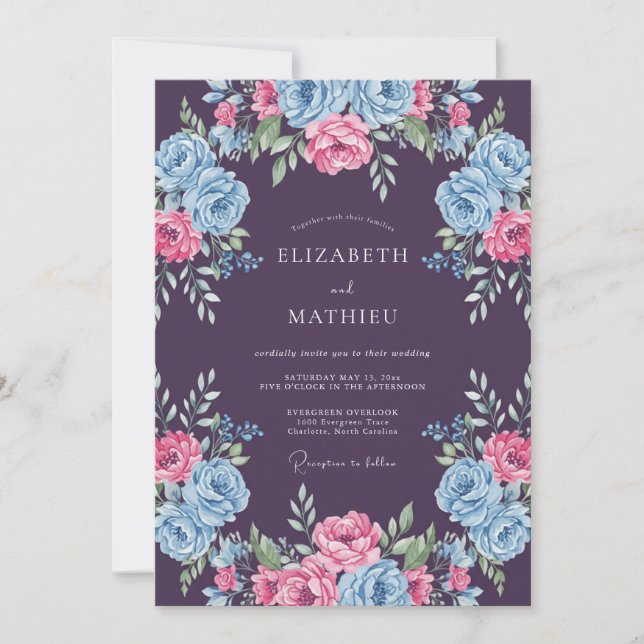 Invitation Mariage de printemps floral ravissant aux tons pru (Devant)