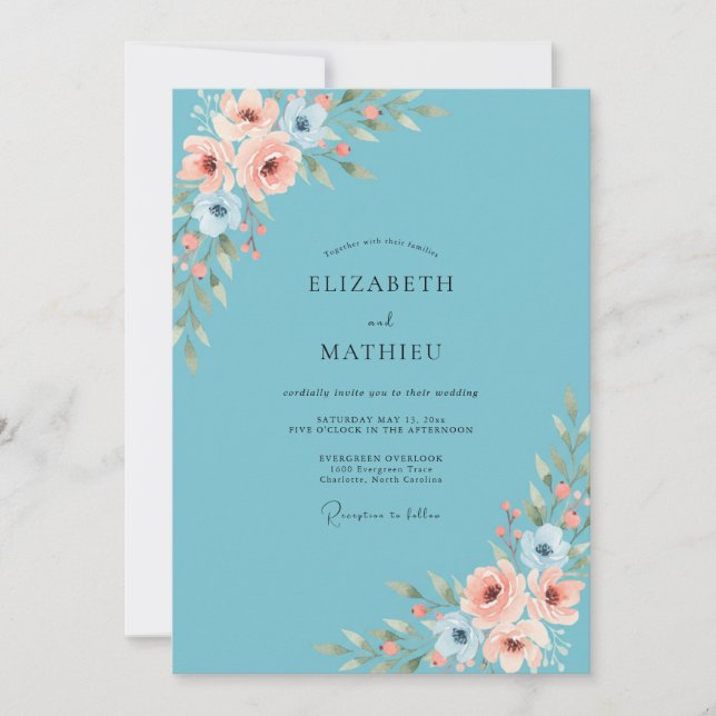 Invitation Mariage de printemps floral romantique sarcelle (Devant)