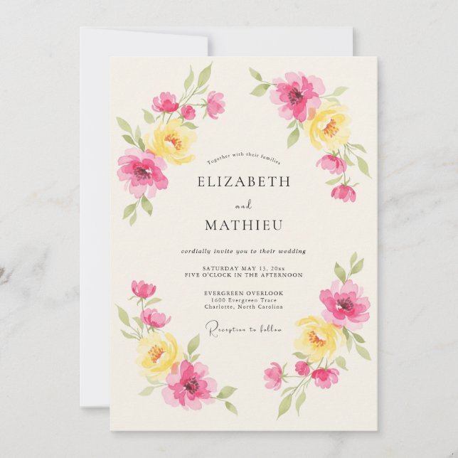 Invitation Mariage de printemps floral rose jaune (Devant)
