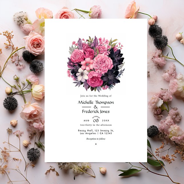 Invitation Mariage de printemps floral rose tendre et noir (Créateur téléchargé)