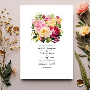 Invitation Mariage de printemps floral rose, vert et or