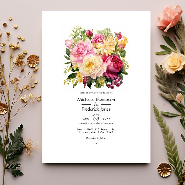 Invitation Mariage de printemps floral rose, vert et or (Créateur téléchargé)
