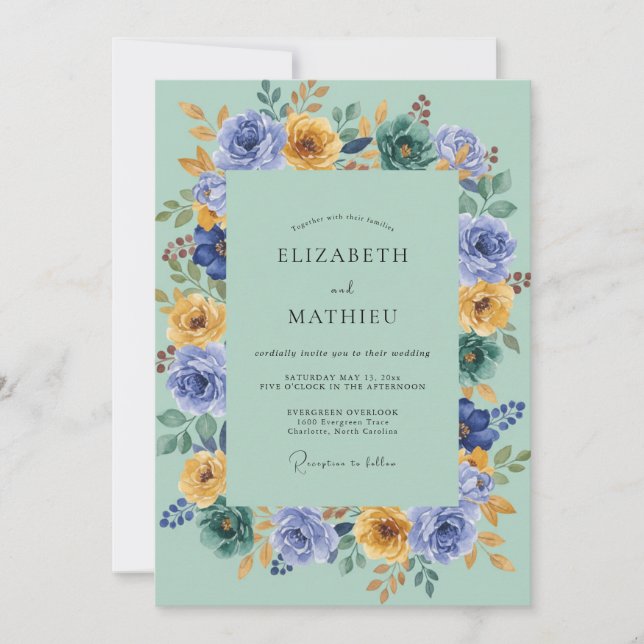 Invitation Mariage de printemps floral sarcelle (Devant)