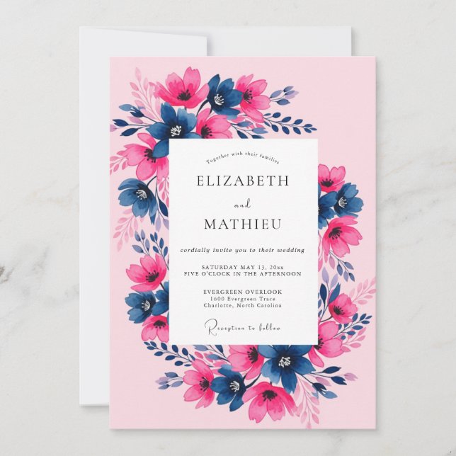 Invitation Mariage de printemps Fuchsia Navy Painterly (Devant)