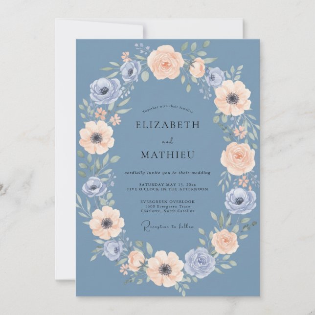 Invitation Mariage de printemps gracieux bleu ardoise (Devant)