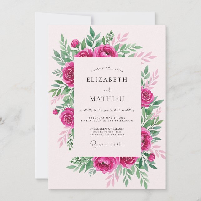 Invitation Mariage de printemps gracieux rose chaud (Devant)