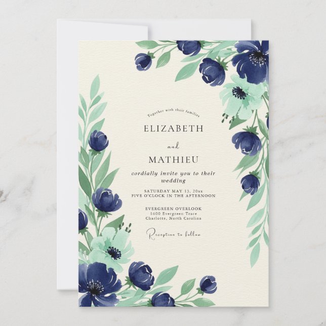 Invitation Mariage de printemps grandiose bleu marine (Devant)
