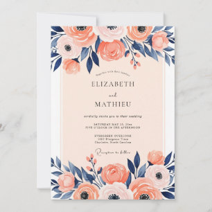 Invitation Mariage de printemps illustré avec du bleu marine 