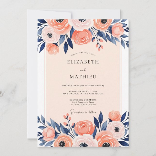 Invitation Mariage de printemps illustré avec du bleu marine  (Devant)