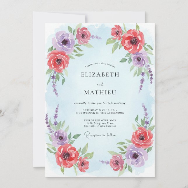 Invitation Mariage de printemps illustré bleu pâle (Devant)