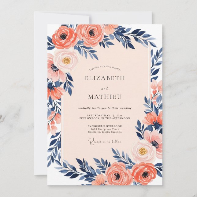 Invitation Mariage de printemps indigo lumineux corail (Devant)