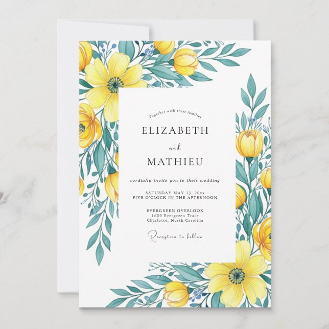 Invitation Mariage de printemps jaune sarcelle luxueux (Devant)