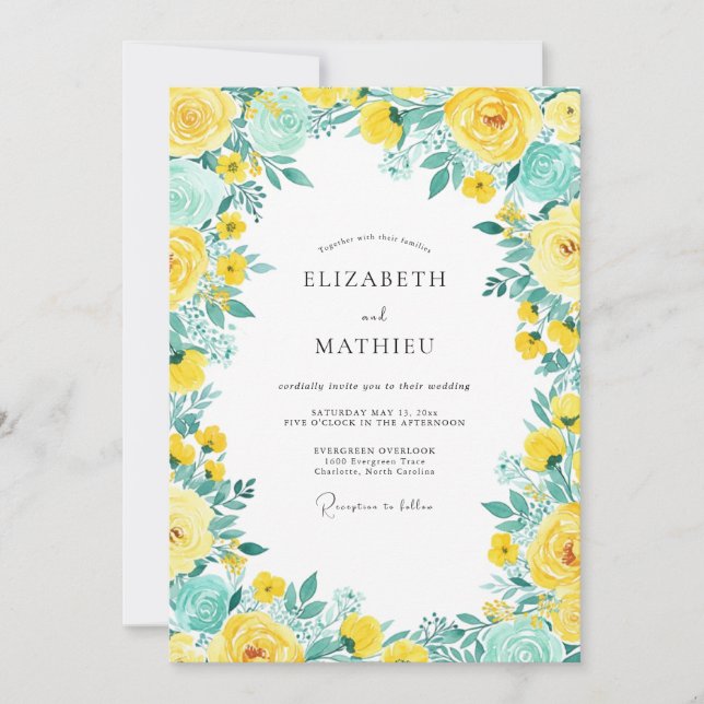 Invitation Mariage de printemps jaune sarcelle vif (Devant)