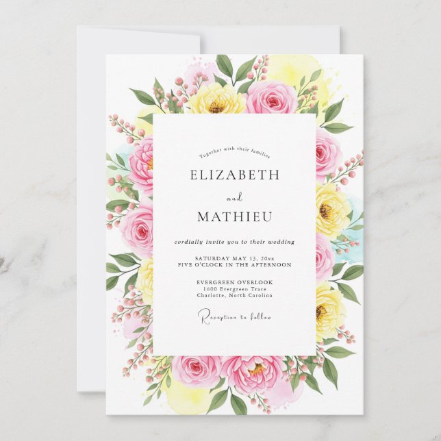 Invitation Mariage de printemps joyeux jaune rose (Devant)