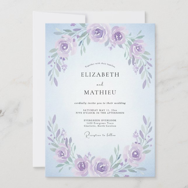 Invitation Mariage de printemps lavande immaculé (Devant)