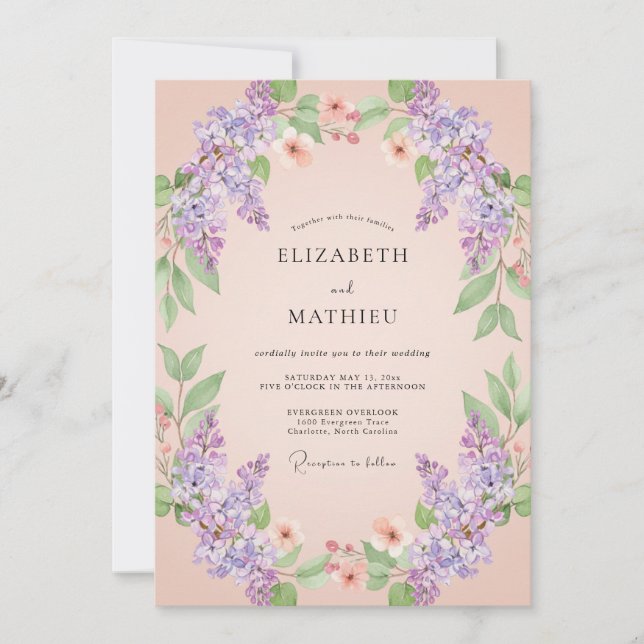 Invitation Mariage de printemps lilas éthéré pêche (Devant)