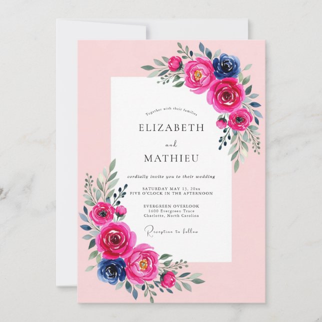 Invitation Mariage de printemps lumineux Fuchsia Navy (Devant)
