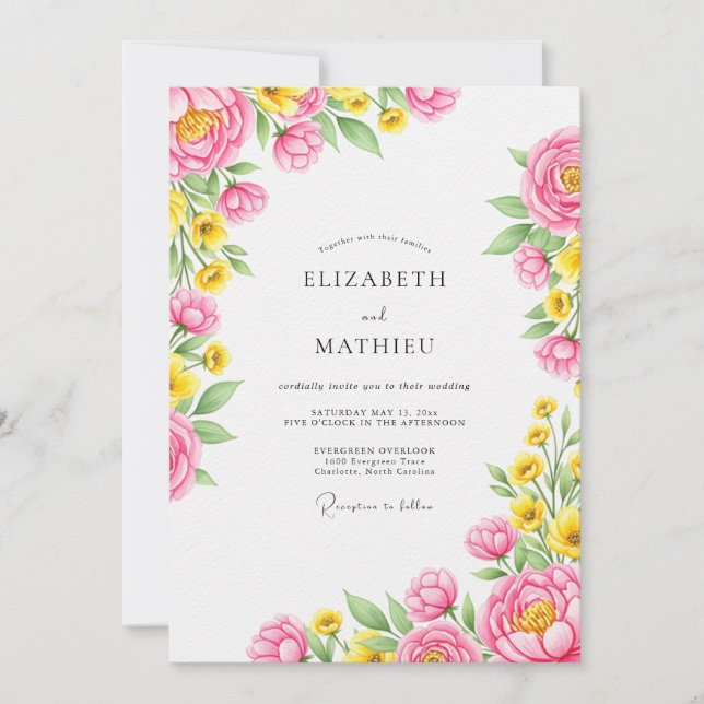Invitation Mariage de printemps lumineux rose jaune (Devant)