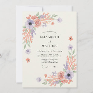 Invitation Mariage de printemps luxuriant au corail lavande
