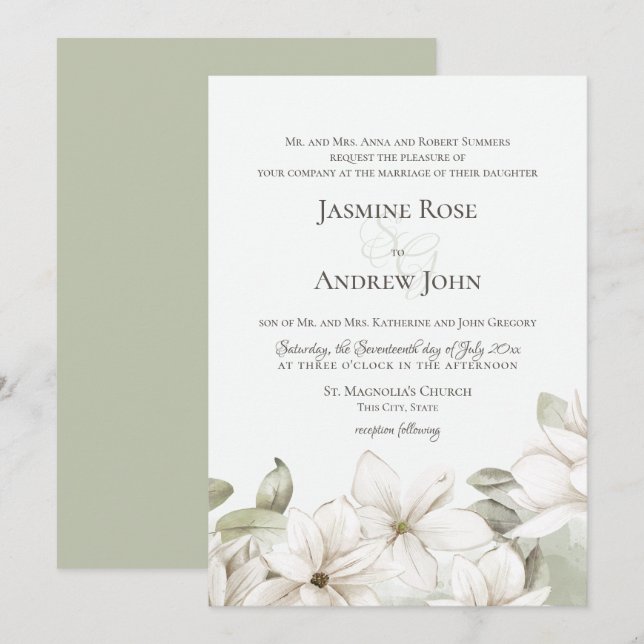 Invitation Mariage de printemps Magnolia Blossom Blush et Sag (Devant / Derrière)