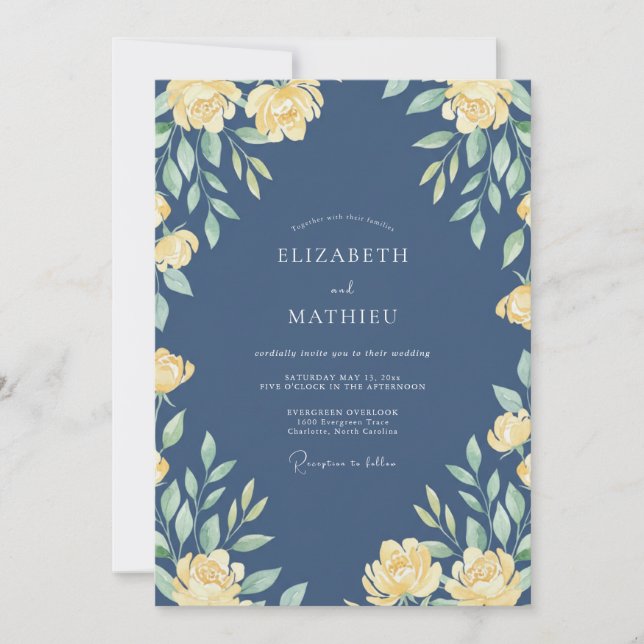 Invitation Mariage de printemps majestueux bleu marine (Devant)