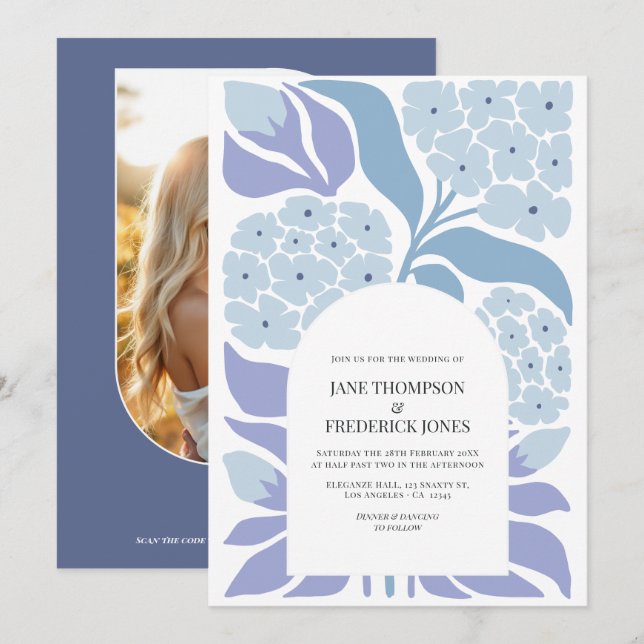 Invitation Mariage de printemps moderne floral abstrait bleu  (Devant / Derrière)