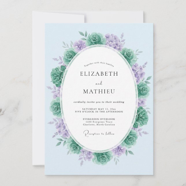Invitation Mariage de printemps paisible lavande sarcelle (Devant)