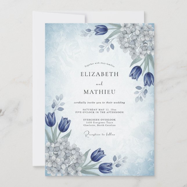 Invitation Mariage de printemps poétique bleu acier (Devant)