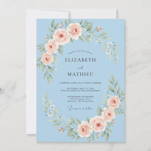 Invitation Mariage de printemps poétique bleu ciel (Devant)