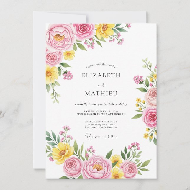 Invitation Mariage de printemps poétique rose jaune (Devant)