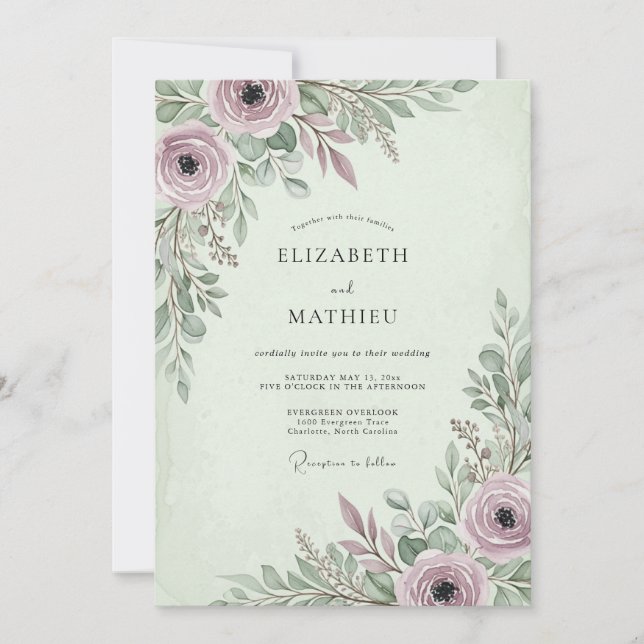 Invitation Mariage de printemps poétique vert sauge (Devant)