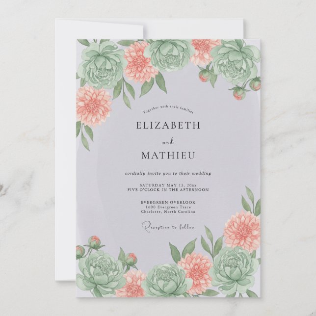 Invitation Mariage de printemps poli vert menthe et pêche (Devant)