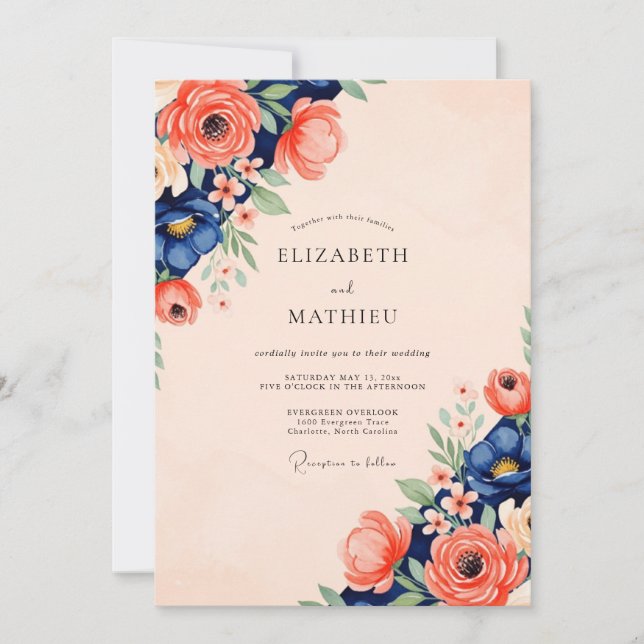 Invitation Mariage de printemps radiant corail marine (Devant)