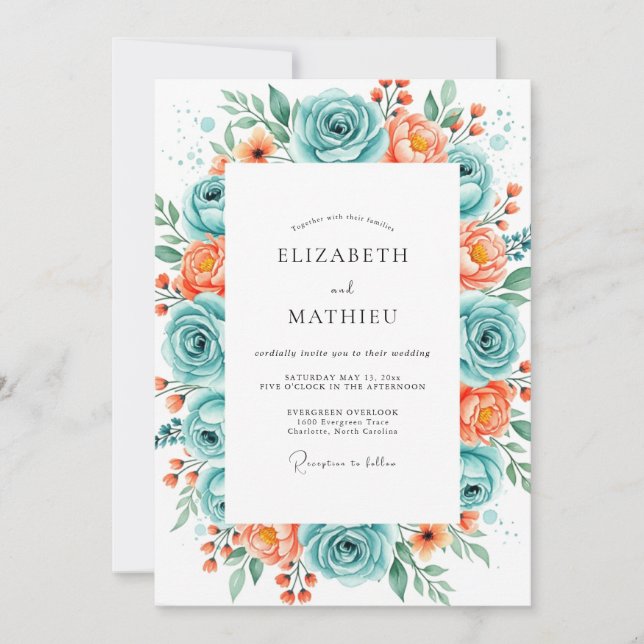 Invitation Mariage de printemps radieux corail sarcelle (Devant)