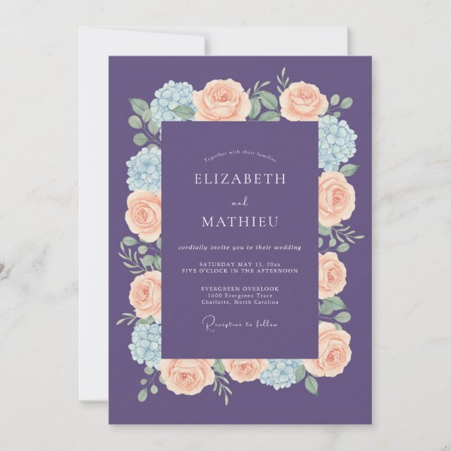 Invitation Mariage de printemps radieux violet pêche (Devant)