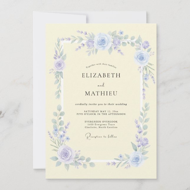 Invitation Mariage de printemps raffiné au bleu pervenche (Devant)