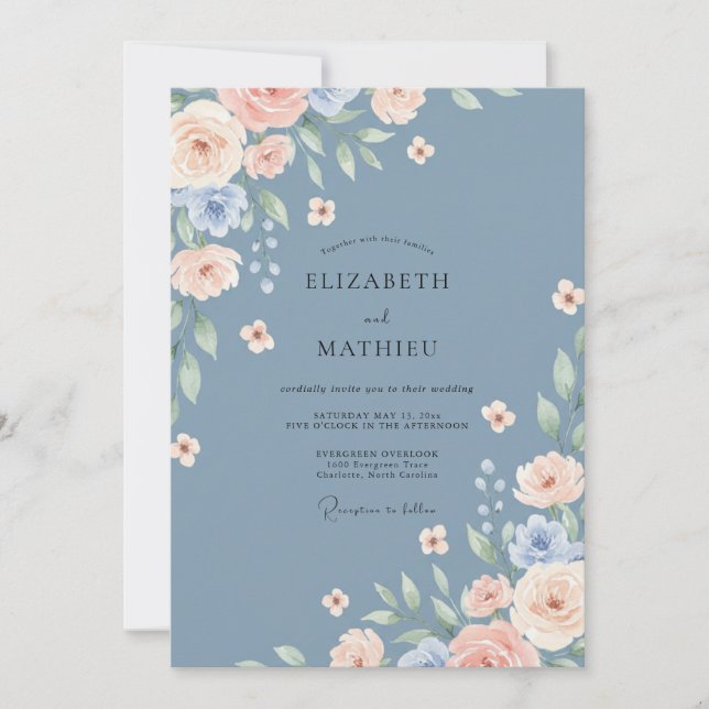 Invitation Mariage de printemps raffiné bleu acier (Devant)