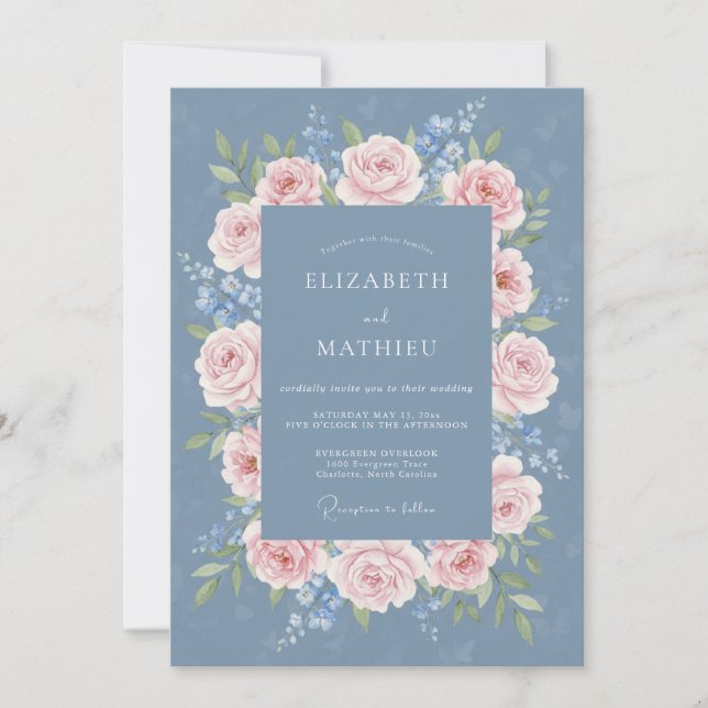 Invitation Mariage de printemps raffiné bleu barbeau (Devant)