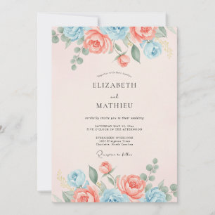 Invitation Mariage de printemps raffiné bleu clair pêche