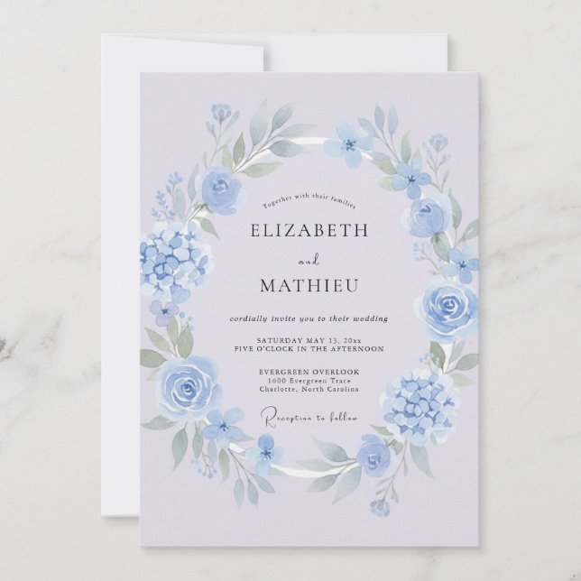Invitation Mariage de printemps raffiné bleu pervenche (Devant)