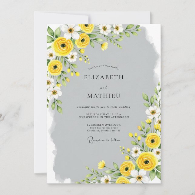 Invitation Mariage de printemps raffiné gris jaune (Devant)