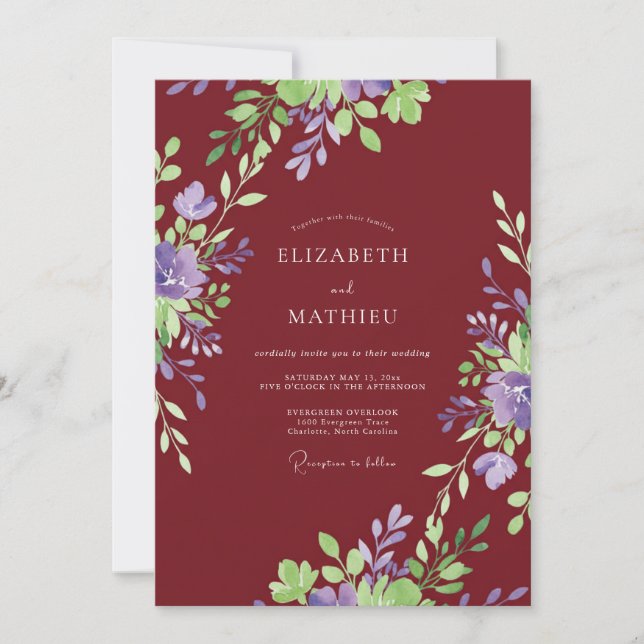 Invitation Mariage de printemps resplendissant en bordeaux (Devant)