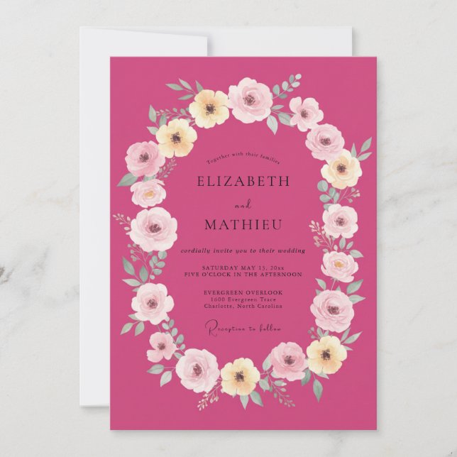 Invitation Mariage de printemps romantique aux fleurs magenta (Devant)